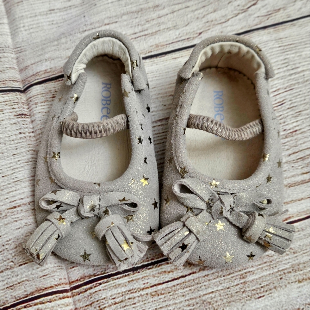 Robeez baby shoes, grey, gold stars, crib shoe, dusty gray, 6-9 months